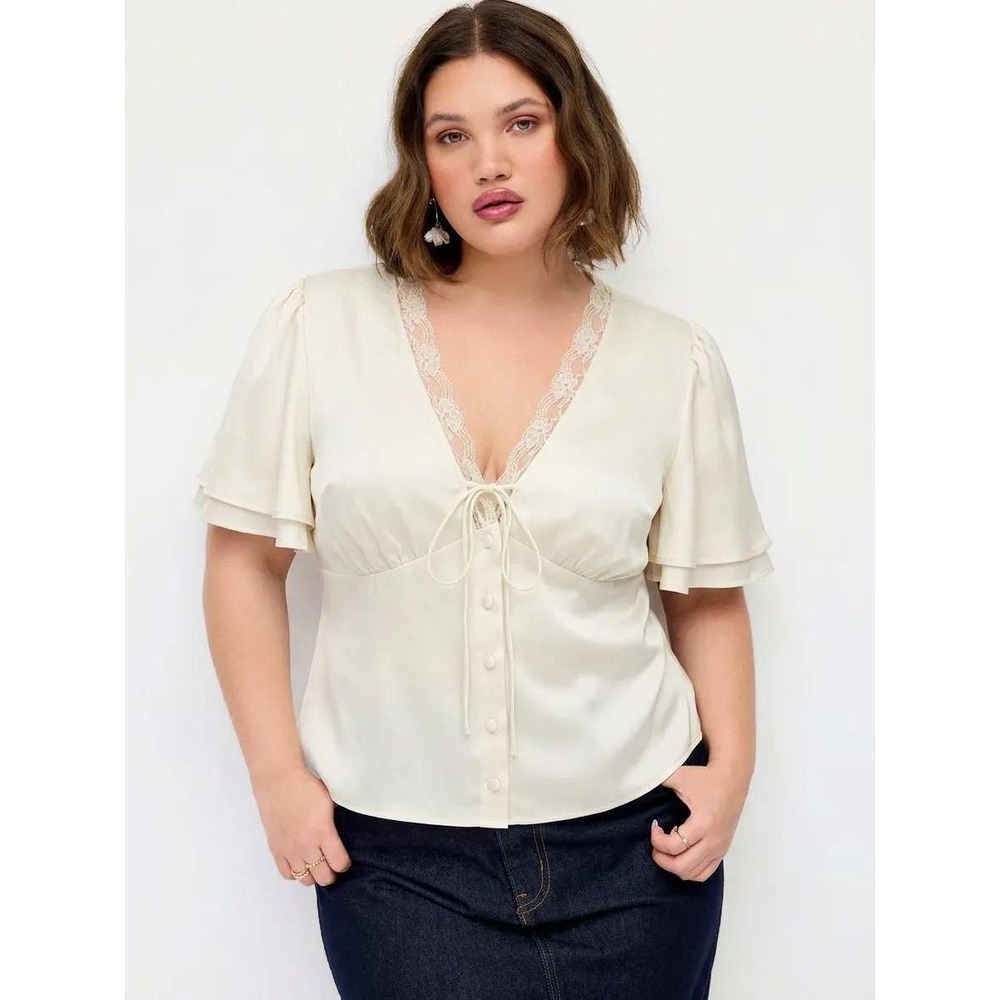 Cider Cream Lace Trim Satin V-Neck Flutter Sleeve Tie Back Blouse 2XL NWT